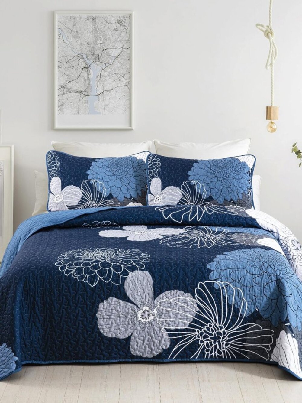 Flower Quilts Set Queen Size, 3Pcs Boho Bedding Set,Navy Blue